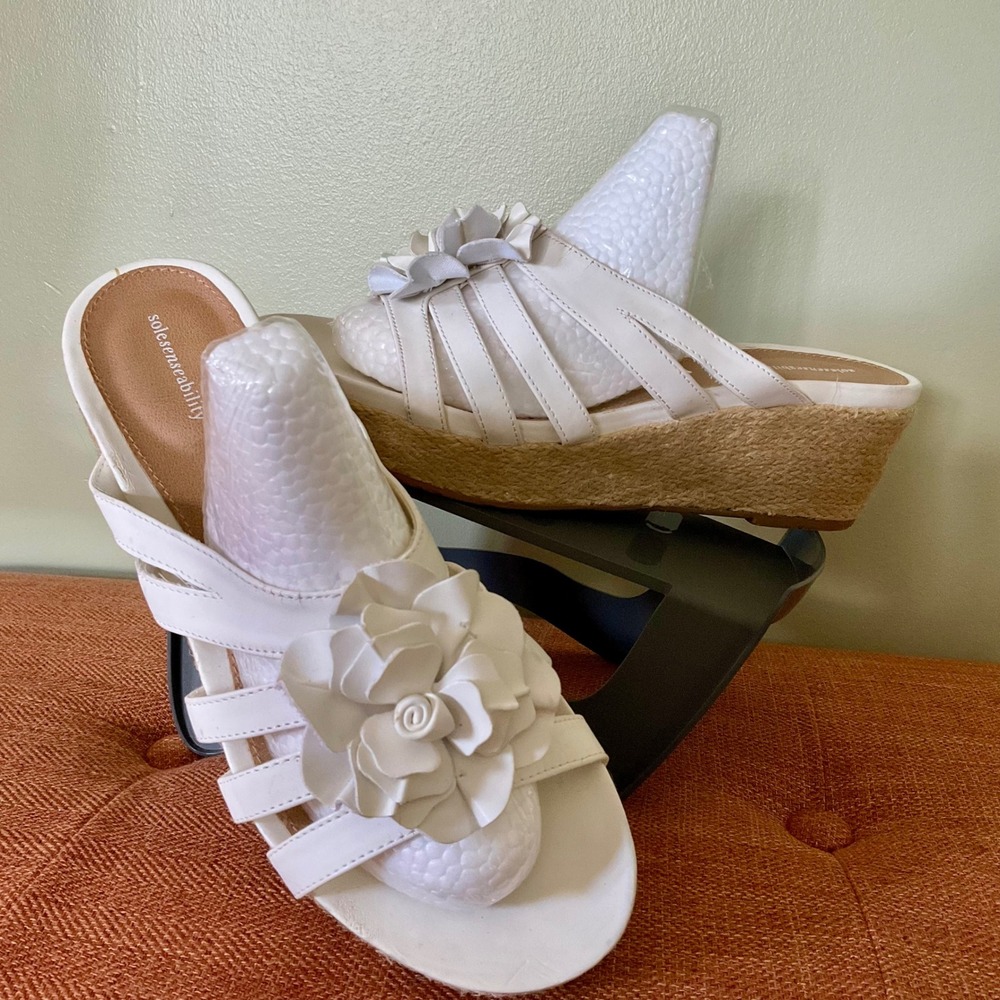 Solesenseability Mona White Flower Espadrille Wedge Sandals Womens 10 Minimalist